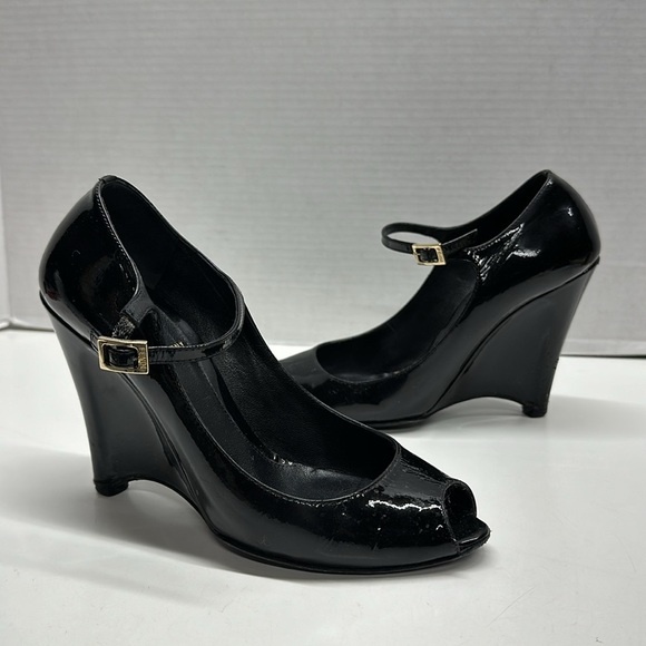 Fendi Wedges High Heel Shoes Shiny Patent Leather Peep Toe Black Size 38 US 8 - Picture 1 of 14